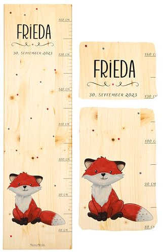 Muckelmeister Messlatte Kinder aus Holz personalisert 80-140cm - Muckelfreunde - 70x20x2cm Kinderzimmer Deko - Geschenke zur Geburt - Maßband Kinder Wand - Geschenkidee Kleinkind - Fuchs