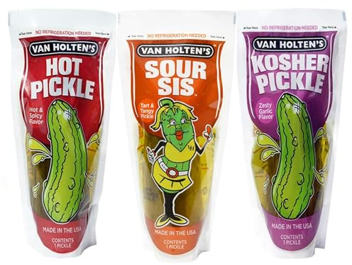 Van Houltens Jumbo Pickle in A Pouch Variety Pack - 3 Flavours - Kosher Garlic - Hot and Spicy - Sour Sis [3 PACK BUNDLE]