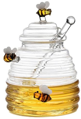 Tuxxjzm Honey Jar With Spoon And Lid | 400 Ml Glass Honey Pot With Dipper | Honey Bee Pot | Glass Beehive Honey Pot | Glass Honey Dispenser Glass Container For Home Kitchen