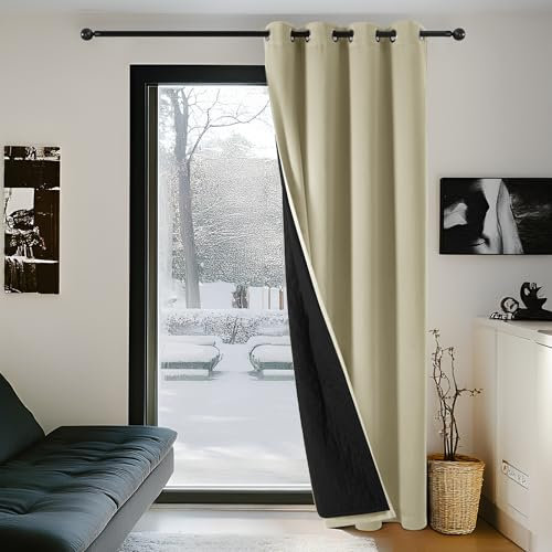 Deconovo Thermal Door Curtains 84 Inch Drop, Extra Wide Window Panel with Thick Microfiber Lining, Draught Reduction Eyelet Blackout Curtain for Doorways, 80 x 84 Inch (W x H), Beige, 1 Piece