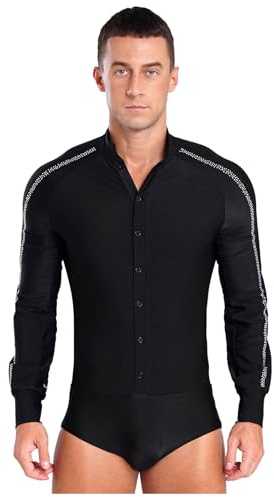 Runhomal Herren Tanz-Body Bodysuit Gymnastikbody Ballsaal Samba Latein Body Gymnastik Ballettanzug Langarm Performance Tanzkostüm Schwarz S
