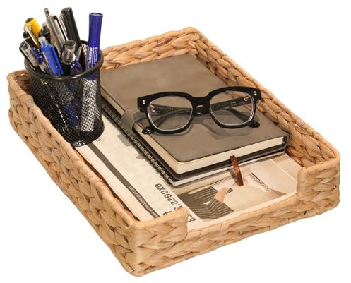 PINXIURY Water Hyacinth Letter Tray for A4 File Desk Mail Letter-Size Paper, Basket Woven Organizer, Magazine Files Storage, Office Document Organizer and Storage