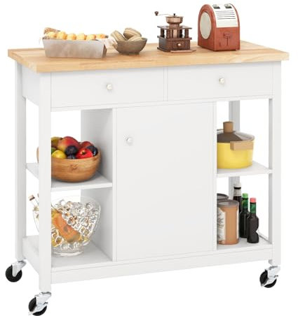 COSTWAY Küchenwagen mit Rollen, Kücheninsel mit Arbeitsplatte, Servierwagen mit verstellbaren Regalen & 2 Schubladen, Küchenschrank rollbar für Küche, Esszimmer, 99 x 46 x 90cm (Weiß)