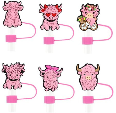 6 Pcs Highland Cow Stanley Straw Cover 10mm Silicone Cow Straw Topper for Stanley Cup 30&40 Oz Tumblers Pink Anti-dust Straw Tip Lids Highland Cow Gifts for Women Girls
