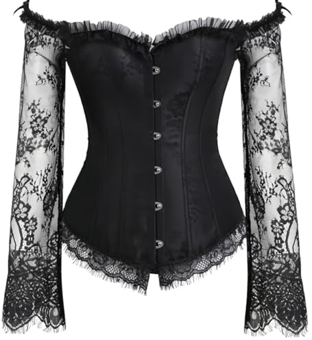 KUOSE Women's Vintage Push Up Corset Top Off-Shoulder Bodyshaper Lingerie Lace Sleeve