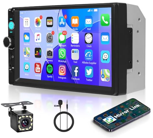 VECHTEL Autoradio 2 Din mit Touchscreen, 7 Zoll Autoradio mit Bluetooth, FM Radio, Unterstützung Mirror Link, USB/AUX, Lenkradbedienung, Rückfahrkamera, Mikrofon