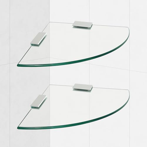 SYLXTEEM 2-Pack Glass Corner Shower Shelves with Aluminium Brackets, 9.8 X 9.8 Tempered Glass Bathroom Shelf, Wall Mounted Organizer for Shower, Kitchen