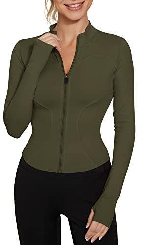 IECCP Womens Fitness Jacket Sports T-Shirt Gym Workout Yoga Crop Tops Ladies Long Sleeve Running Tee Shirts Full Zip Breathable Activewear with Thumb Holes Army Green