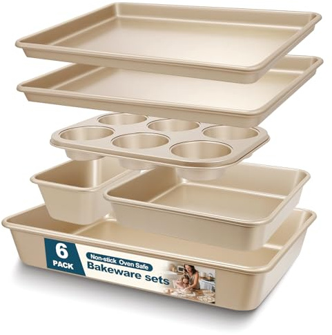 Baking Pans Set, Nonstick Stackable Bakeware Sets, Oven Pans for Cooking, AIVIKI 6 Pieces Baking Sheets Set Including Cookie Sheet, Deep Roaster Pan, Square Pan, Loaf Pan, Muffin Pan, Carbon Steel