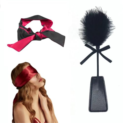 Feather Tickler Eye Cover Blindfold 2 PCS Soft Fur Brush Tickler Duster | Stick Whip Silk Satin Blindfolds Sleep Eye Mask Night Blackout for Adult Sleeping Games