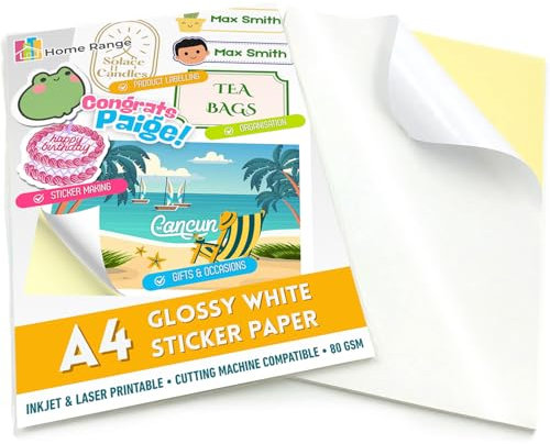 50 Blatt glänzendes weißes bedruckbares Aufkleberpapier A4 | Inkjet & Laser | Erstellen und Drucken Sie Ihre eigenen Aufkleber, Produktetiketten, Klebepapier für Cricut