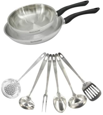 Fackelmann Set 2 Poêles Induction Tous Feux 24 et 28 cm en Inox 18/8, 6 Ustensiles Sans PFAS, Acier Inoxydable