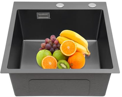 HarBin-Star - Fregadero de cocina de acero inoxidable, 45 x 50 cm, lavabo de cocina con tubos de desagüe, fregadero empotrado, para empotrado, o bajo encimera, tipo de montaje (negro)