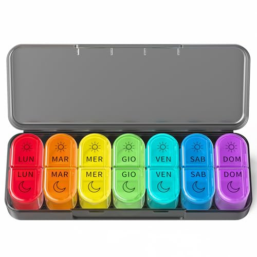Doruimi Portapillole Settimanale da 7 Giorni, Mattina e Sera, Senza BPA. Piccolo Contenitore per Pillole da Viaggio, Scatola con Scomparti per Medicinali, Vitamine e Olio di Pesce - Nero