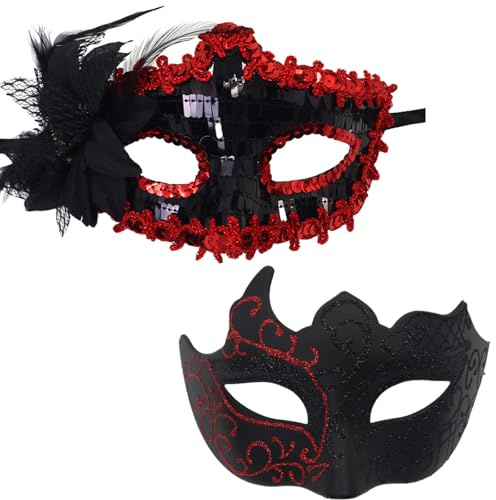 YUEcthynous Venezianische Maske Set,Venezianische Maske Damen,Lace Masquerade Masks for Women,Red with Roses,Spinnen,Skelette,für Halloween Spinnen Verkleidung für Karneval Maskenball Party