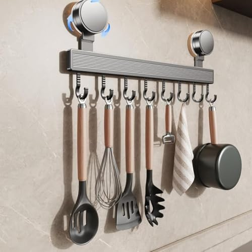 Kitchen Utensils Holder With 8 Hooks, Suction Cup Utensil Rack 40cm, No Drilling Removable Reusable Suction Hooks For Bathroom, Kitchen Rail With 8 Hanging Hooks(50cm)