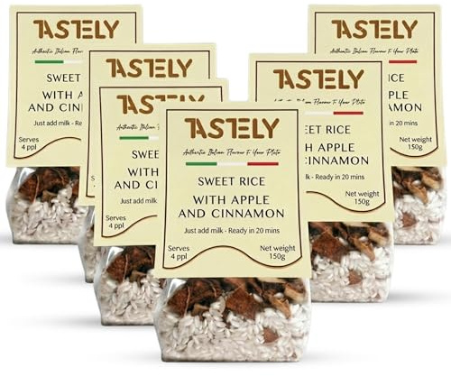 Tastely Sweet Rice Pudding with Apple and Cinnamon – 6 Packs x 150g | Italian Style Carnaroli Rice Dessert Mix - Quick Cooking Creamy Protein Rice Pudding - Vegan and Gluten Free Diets