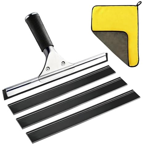 5 Stück Fensterabzieher Set 30 cm, Duschabzieher Schwarz | Edelstahlrahmen, 3 Ersatzgummis und Mikrofasertuch, für Dusche, Fenster, Spiegel, Fliesen, Auto und Glas