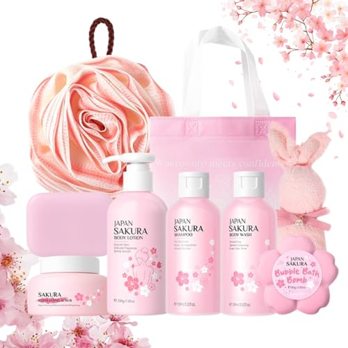 Sakura Body Care Set, Sakura Reisegröße Set Pflege Damen, 8Pcs | Travel Spa Set with Badeball, Seife+Körperpeeling, Körperlotion, Shampoo, Duschgel, Badesalz, Handtuch, Geschenktüte