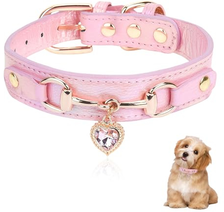 BelleFlair Hundehalsband Rosa für kleine Hunde, Welpenhalsband aus PU-Leder mit Strass Herz-Anhänger, verstellbares Halsband für Chihuahua Welpe mit schicker Goldener Schnalle und Nieten(XS)