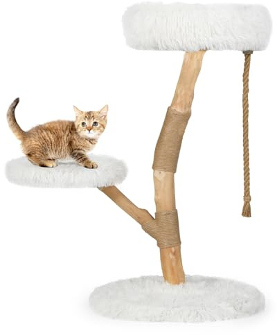 COSTWAY 90 cm Kratzbaum Holz, Katzenbaum mit Kratzpfosten aus Jute und Massivholz, 3 Plüschsitzflächen & Seil, Katzenturm Katzenmöbel, Katzenkratzbaum Kletterbaum Katzen, Weiß+Natur
