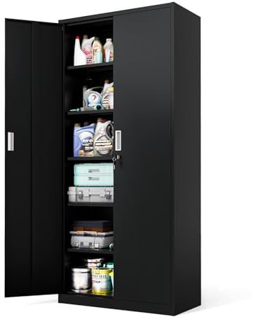 Karl home 180CM Tall Steel Storage Cabinet, Lockable 2 Door with 5 Adjustable Shelves, Heavy Duty Metal Cupboard for Home/Garage/Office, Easy Assemble (Black)