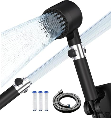 Alcachofa de ducha con filtro,Alcachofa Ducha Antical con Manguera de 1.5M,4 Modos de Rociado Cabezal de Ducha de Alta Presión y OFF/ON Switch,Adecuado para agua dura y eliminación de cloro -Negro