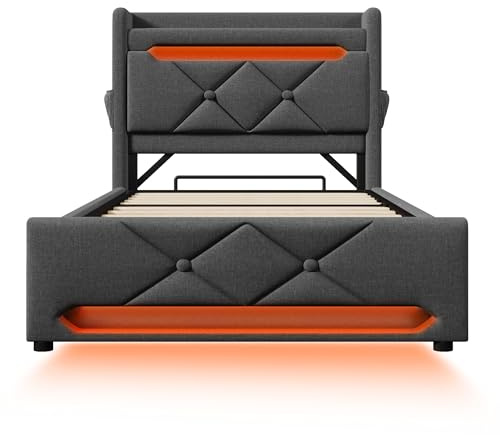 muenfly Einzelbett 90x200 Grau mit 360° LED & USB-C Schnellladung | Polsterbett mit Stauraum-Kopfteil, Surround-Beleuchtung & Musik-Modus | Jugendbett in Leinen, ohne Matratze