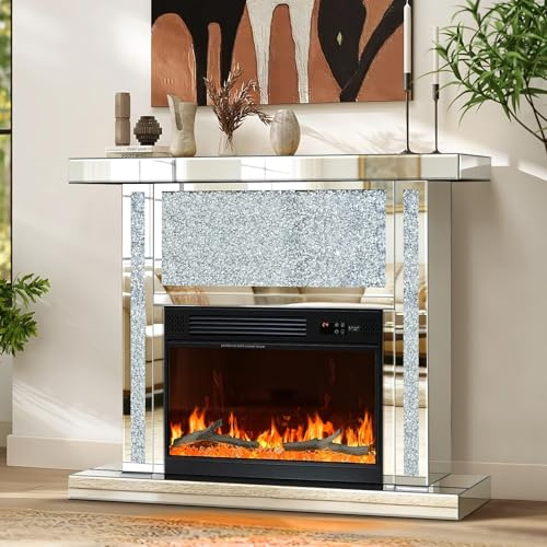 Crushed Diamond Mirrored Electric Fireplace with Mantel, Freestanding Fireplace Heater with Bluetooth Speaker, 7 Color 3D Flame Effects, Remote Control, Silver Fireplace for Living Room Bedroom&Corner
