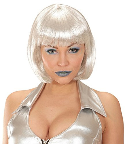 NET TOYS Space Pagenkopf Perücke Glatte Bob Damenperücke Silber Pagenschnitt mit Pony Kurzhaar Faschingsperücke