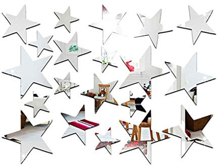 Masterein, set di adesivi a specchio a forma di stella 3D, in acrilico, decalcomanie fai da te, per la decorazione della stanza, carta da parati argento, 20 pezzi