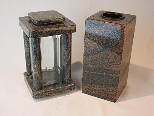 designgrab Set Grablampe Modern 25,5 cm & eckige Grabvase Cube-Medium 25 cm aus Granit – Gneis – kantig & hochwertig