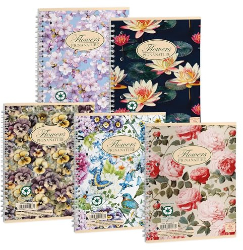 Pigna, Natur Blumen Spiralgebundene Notizbücher, A5 16x20,5 cm, mit 4 Löchern und Mikroperforation, 5M innen, 5 mm Quadrate, 80 g/qm, Recyclingpapier, sortierte Themen, 5