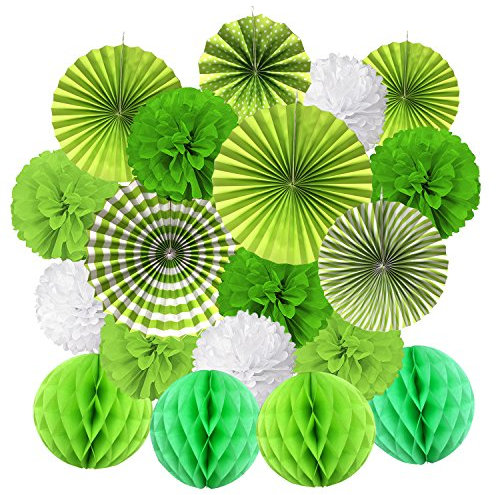 ZERODECO 19 Stück Seidenpapier Pompoms, Papier Fans Fächer und Wabenbälle Dekorpapier Kit für Geburtstag Hochzeit Baby Dusche Parteien Hauptdekorationen - Weiß, Grün und Hellgrün