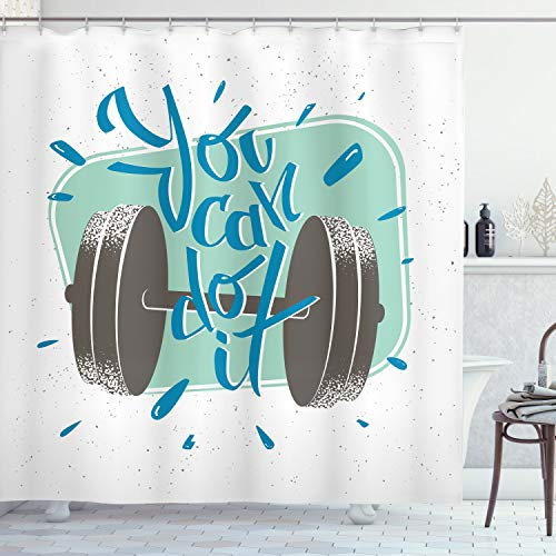 ABAKUHAUS Fitness Duschvorhang, Retro Inspiration Wörter, Stoffliches Gewebe Badezimmerdekorationsset mit Haken, 175 x 180 cm, Grau Almond Grün Blau