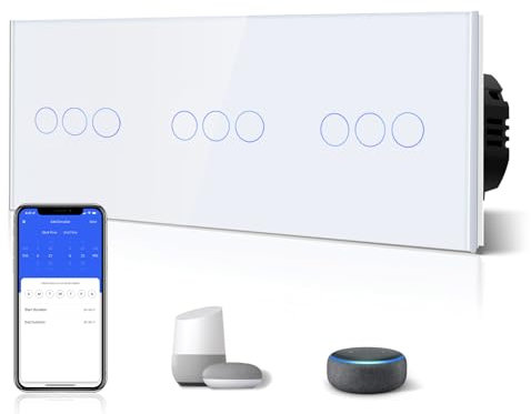 BSEED Drei-WiFi-Berührungsschalter 3-Fach 1-Wege (Neutrale Leitung benötigt) Alexa/Tuya/IFTT-kompatibler Glasscheiben-228 * 86-Wandlichtschalter Weiß