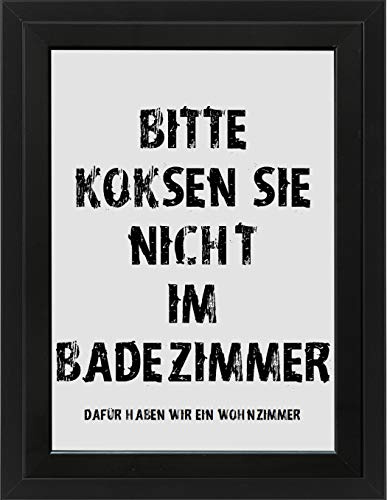 M&M Smartek Poster A3 Bitte Nicht Koksen im Badezimmer, Motiv 6, Schwarz | Auf 300 g starkem Papier gedruckt und im schwarzen Rahmen geliefert; aufhängbar als Wanddeko für Bad, Bar oder Wohnraum.