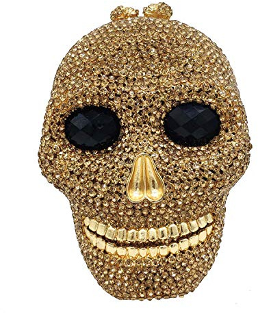 Boutique De FGG Damen-Clutch mit Totenkopf-Kristallen, Strass, Abendhandtaschen, Party, Abschlussball, Halloween, Clutch, Mini, Gold, Mini
