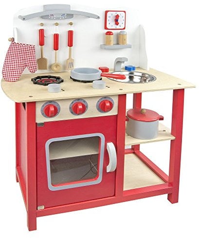 Leomark Cuisine Jouet en Bois Interactive avec lumière et Son, cuisinière + Micro-Ondes + évier 89 cm + Accessoires (Classic Rouge)