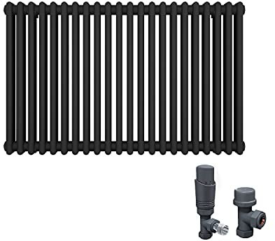 ELEGANT 600 x 1010mm Cast Iron Style 2 Column Grey Radiators Traditional Horizontal Double Bar Colosseum Designer Rads with Thermostatic Valves Set Anthracite