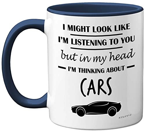 Stuff4 Gifts for Car Enthusiasts - in My Head I'm Thinking About Cars - Funny Classic Mug, Gifts for Lovers, Petrol Head 11oz Ceramic Dishwasher Safe Premium Navy Handle Mugs