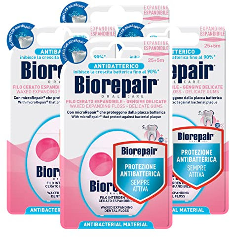 4x Biorepair Filo Interdentale Cerato Espandibile per Gengive Delicate con Antibatterico - 4 Confezioni da 30 Metri ognuna