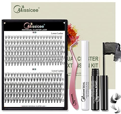 Faux Cils Individuel, Missicee D Curl Cluster Faux Cils Volume Russe Réutilisable Cils individuels Avec 240 Pcs 10D/20D 8-12mm Cluster Lashes Mixed, Brucelles et Spiral Brush Bond& Seal