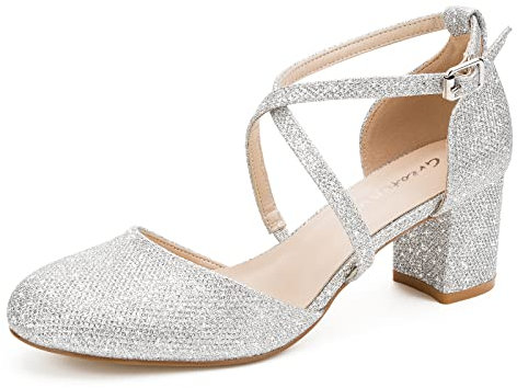 Greatonu Womens Court Shoes Mid Heel Chunky Dress Sandals Ladies Ankle Strap Wedding Party Pumps Sliver Glitter Size 6