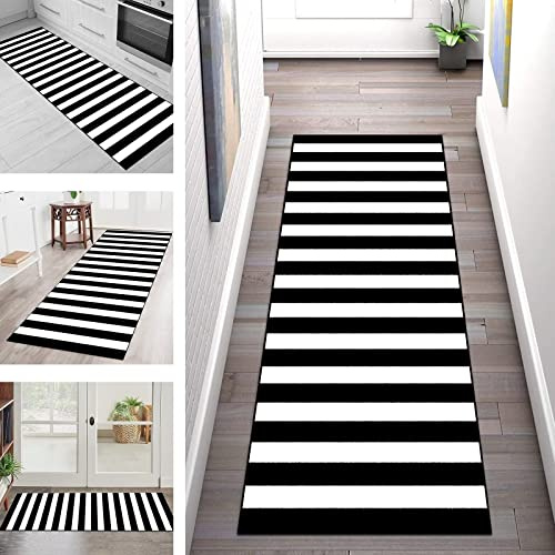 Läufer Teppich Lang Flur rutschfest Waschbar Korridor Teppichläufer Schwarz Weiß Streifen 70X150CM Teppichmatten Küchenläufer Wohnzimmer Kinderzimmer Esszimmer Anpassbare Küchenteppich Meterware