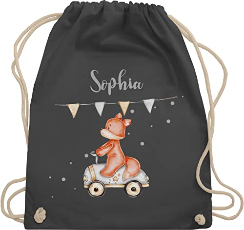 Turnbeutel Rucksack - Tiere - Niedlicher Fuchs I Süßes Fuchsmotiv I Geburt Baby Fox Rennfahrer - Unisize - Dunkelgrau - kindergarten kita baumwolle beutel personalisierte geschenke stoffbeutel