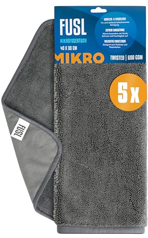 FUSL Mikrofasertücher 30x40cm - streifenfrei und fusselfrei - Mikrofaser Autopflege, Poliertuch Auto, Mikrofaser Putztuch, Auto Tuch - saugstark mit 650GSM - 5 Stück