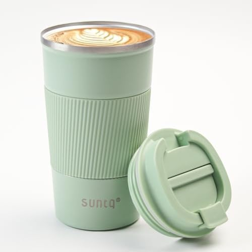 SUNTQ Reusable Coffee Cups Travel - Coffee Travel Mug with Leakproof Lid - Thermal Mug Insulated Cup - Stainless Steel Travel Cup with Rubber Grip - for Hot and Cold Drinks, 17oz/510ml Mint Green