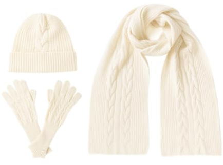 Villand Damen 3-teiliges Set aus 100% reinem Kaschmirschal, Hut und Handschuhen, Winter-Set mit Zopfmuster und Geschenkbox. (Weiß)