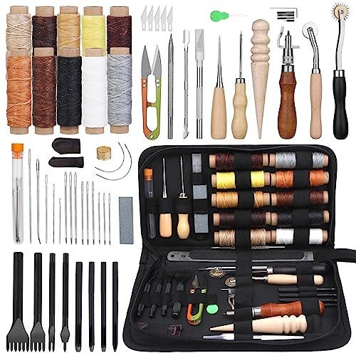 Ruasol Travail Couture en Cuir Kit de Réparation de Rembourrage Outils | en Cuir Kit D'artisanat en Avec Poinçon à Rainurer en fil Ciré Pour Couper le Poinçonnage, la Couture du et le Bricolage